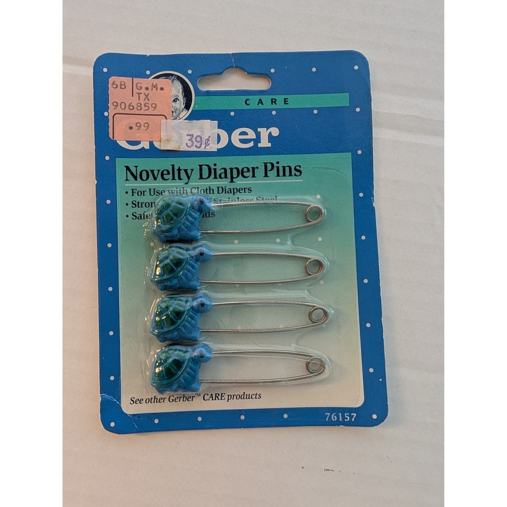 Gerber Novelty Diaper Pins Baby Blue Green Vintage 1991 Turtle 4 Pack 76157
